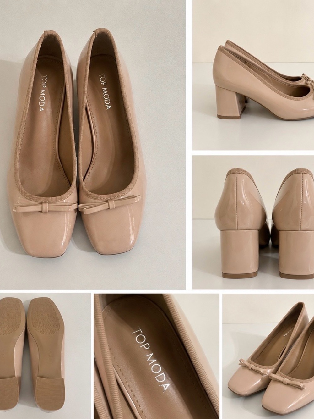 TOP Moda Nude Patent Block Heel Pumps with Bow Accent